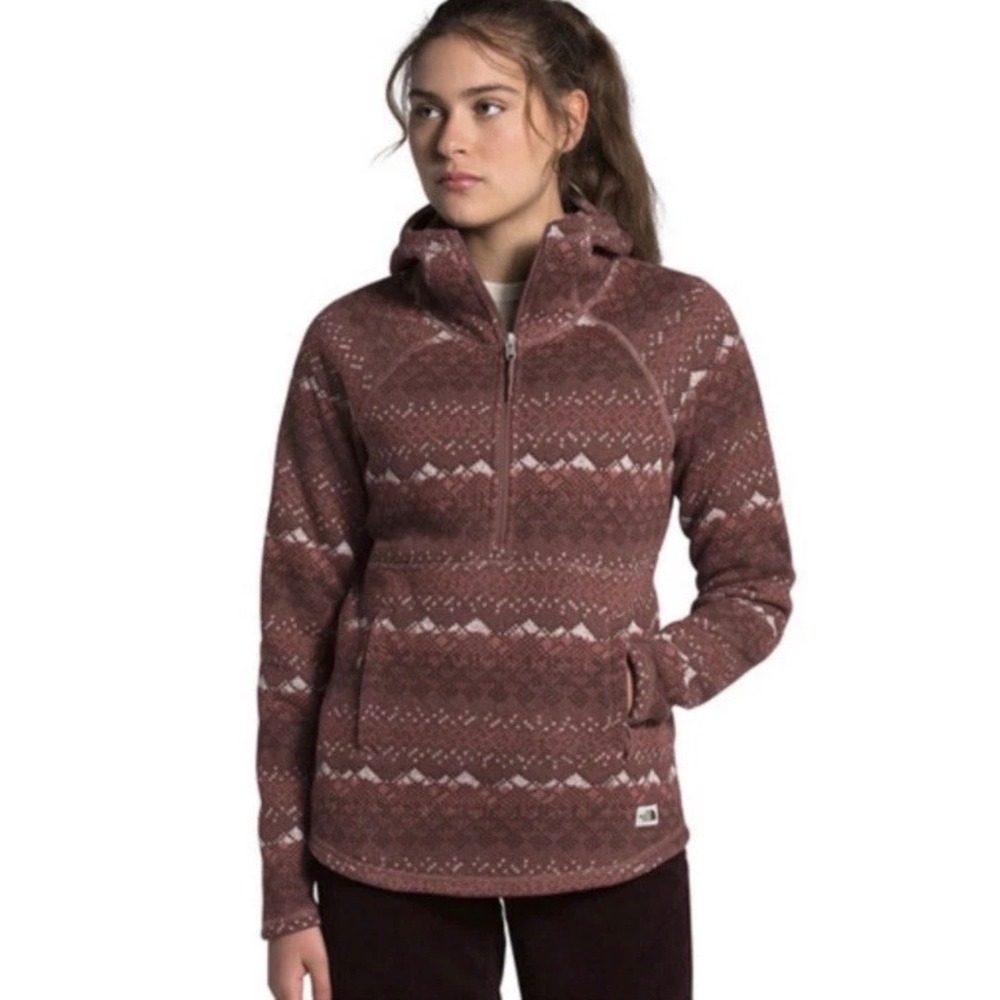 The North Face Women Crescent Hooded Pullover Fleece Burgundy Mountain Print S